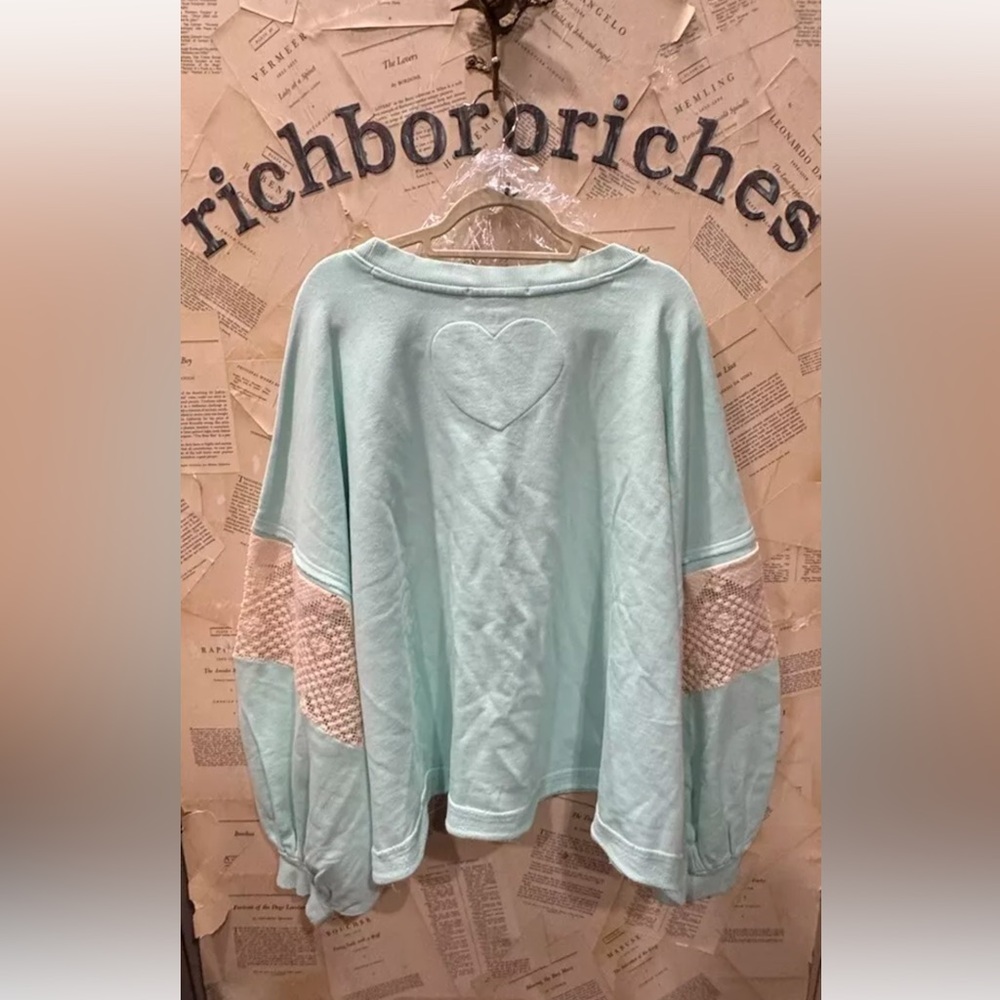Free People Tricia Fix Chain Stitch Crew Sweatshirt Crochet Kelly Green Daisy - Picture 7 of 7